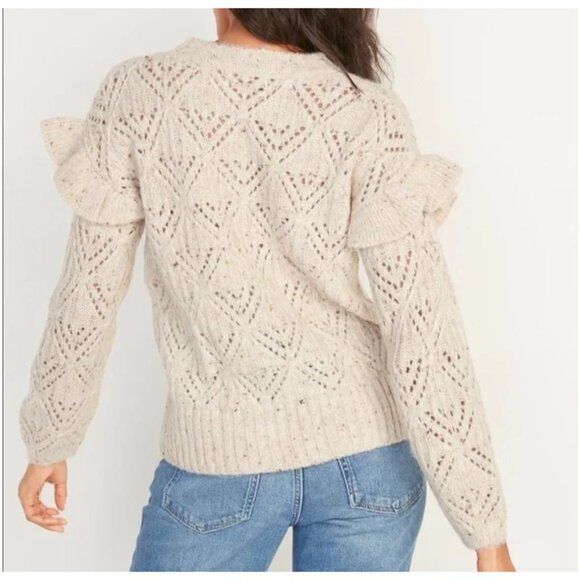 Old Navy Beige Ruffle Trim Pointelle Crew Neck Long Sleeve Cozy Knit Sweater L - Picture 3 of 10